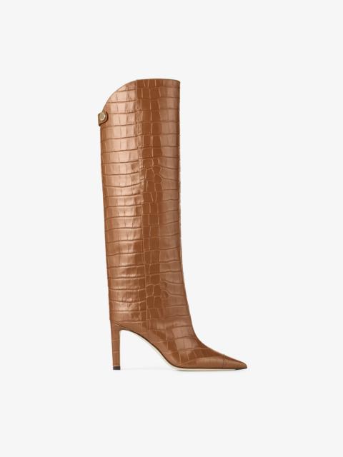 Jimmy Choo Alizze Knee Boot Tan Croc Embossed Leather Knee High