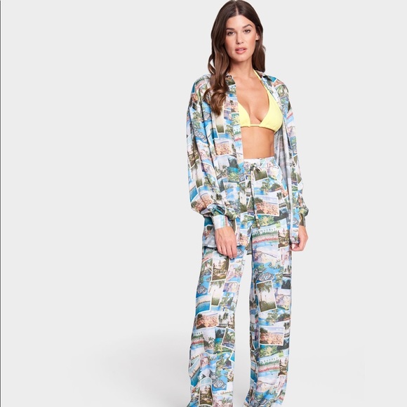 Pam & Gela Postcard Print Flowy Pajama Style Vacation Shirt - 1