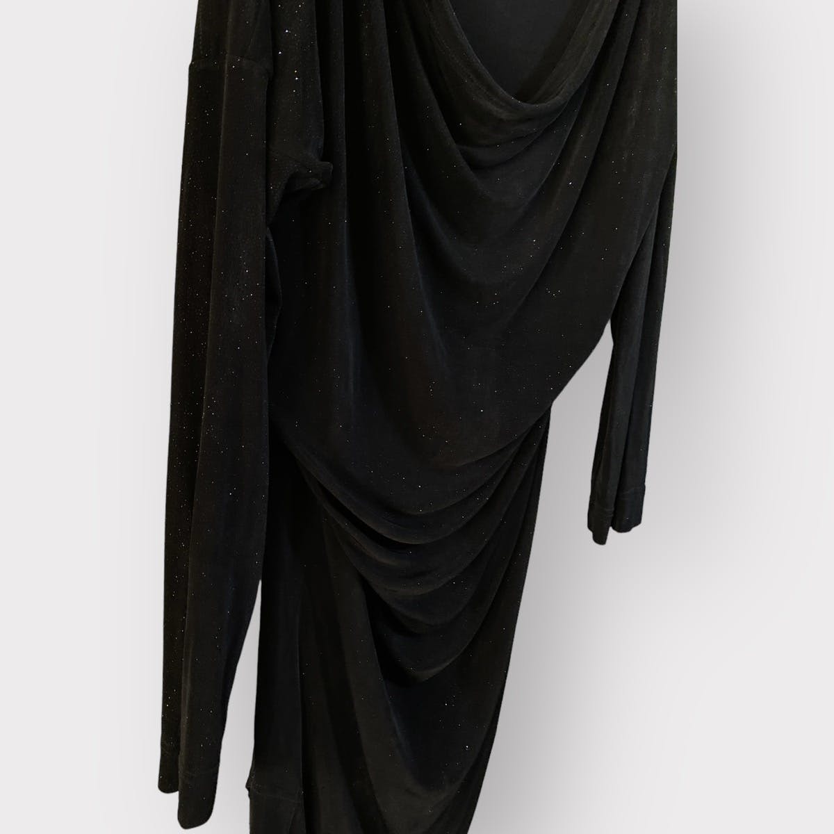 Black Glitter Cowl Collar Asymmetric Drape Dress - 5