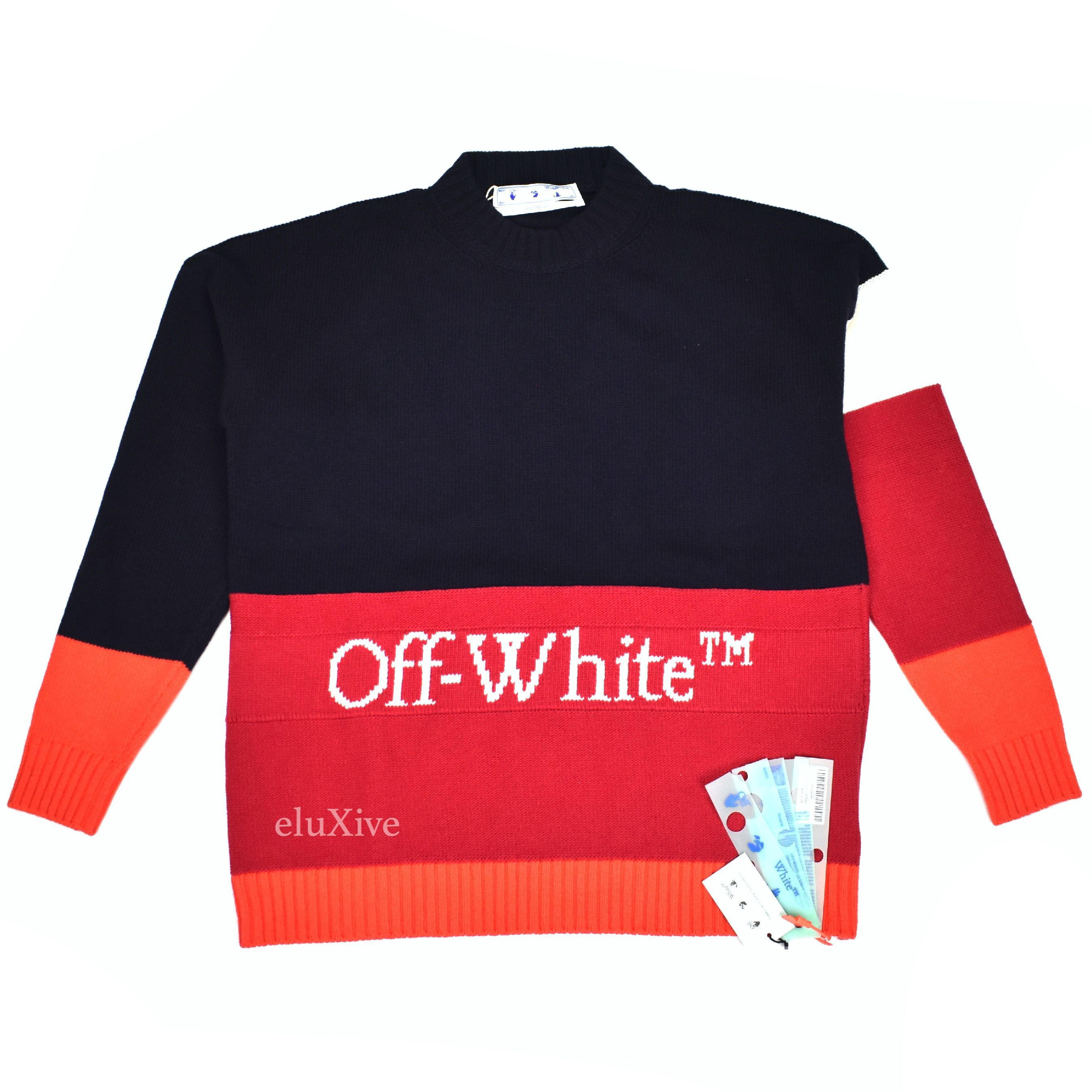 Off-White Color Block Logo Knit Sweater Navy Pink NWT - 1