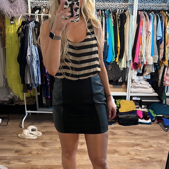 Lush Striped Blouson Dress with Faux Leather Panels - 1