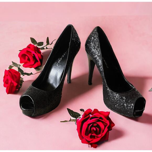 Michael Michael Kors Womans Glitter Sparkly Peeptoe Black Pumps Heels Size 7.5 - 1
