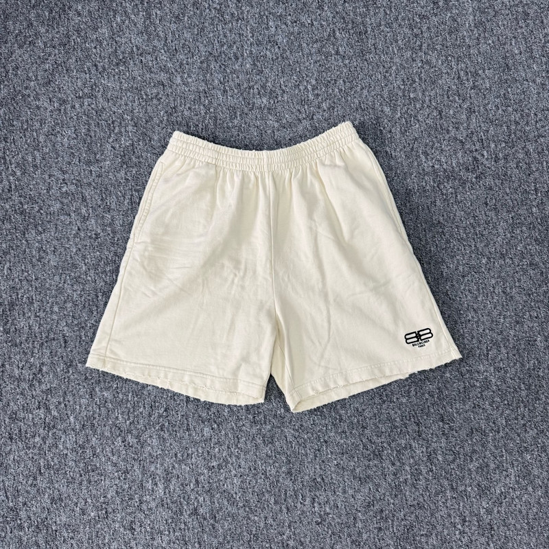 Balenciaga off-white double-B lock embroidery elastic waist shorts, - 1