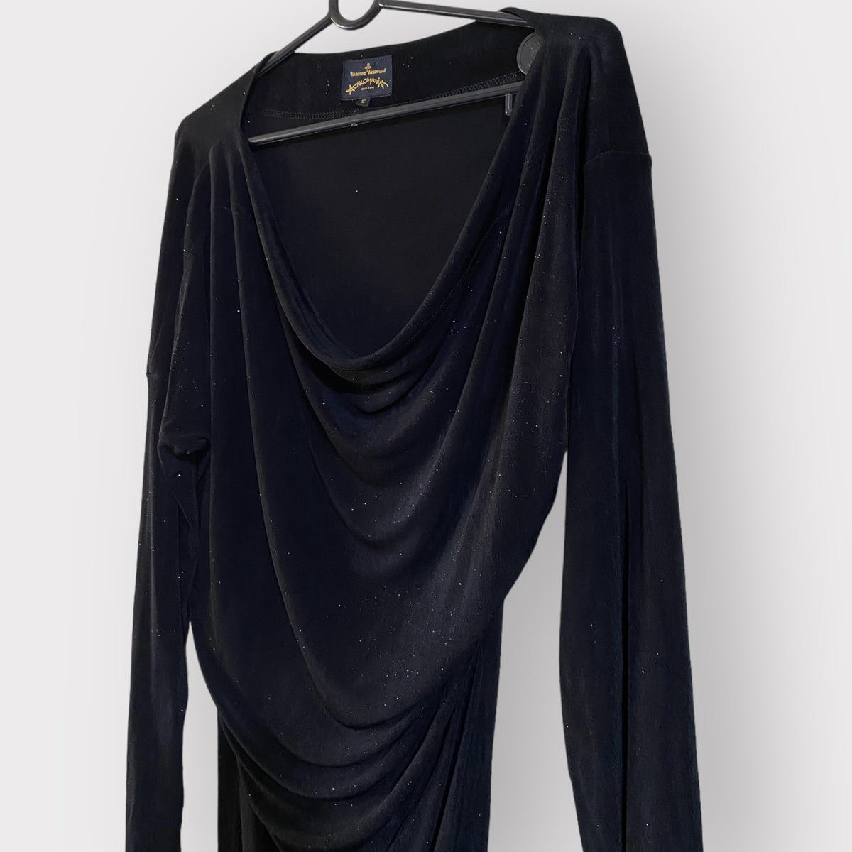 Black Glitter Cowl Collar Asymmetric Drape Dress - 1