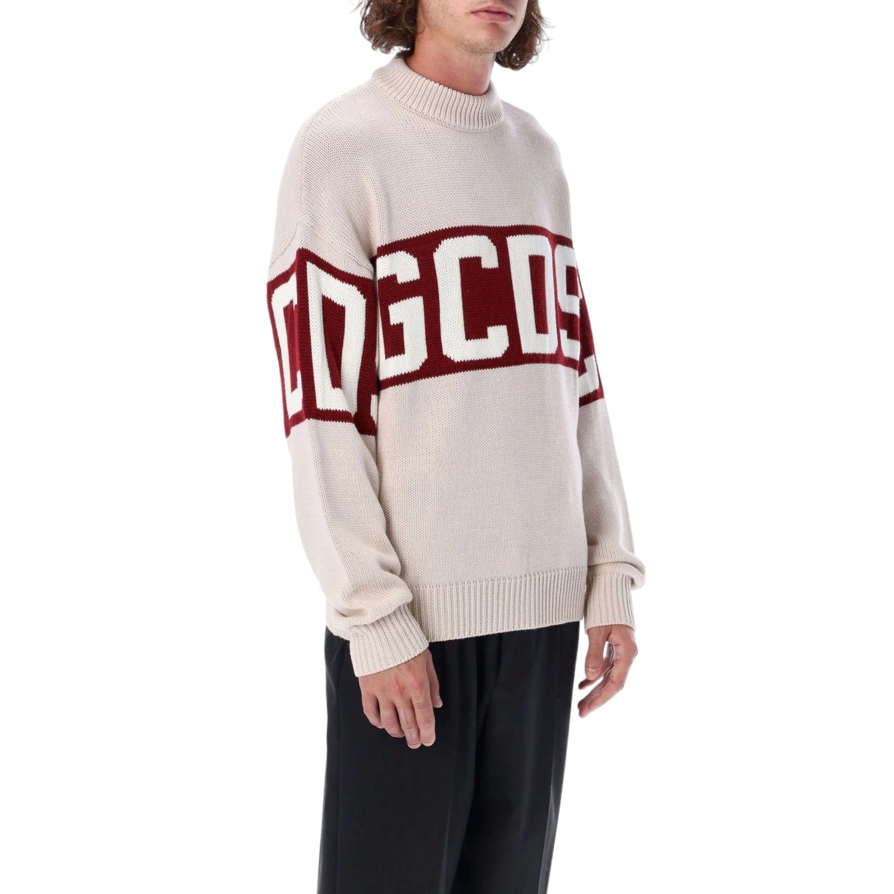 GCDS WOOL LOGO BAND SWEATER BEIGE - L - 1