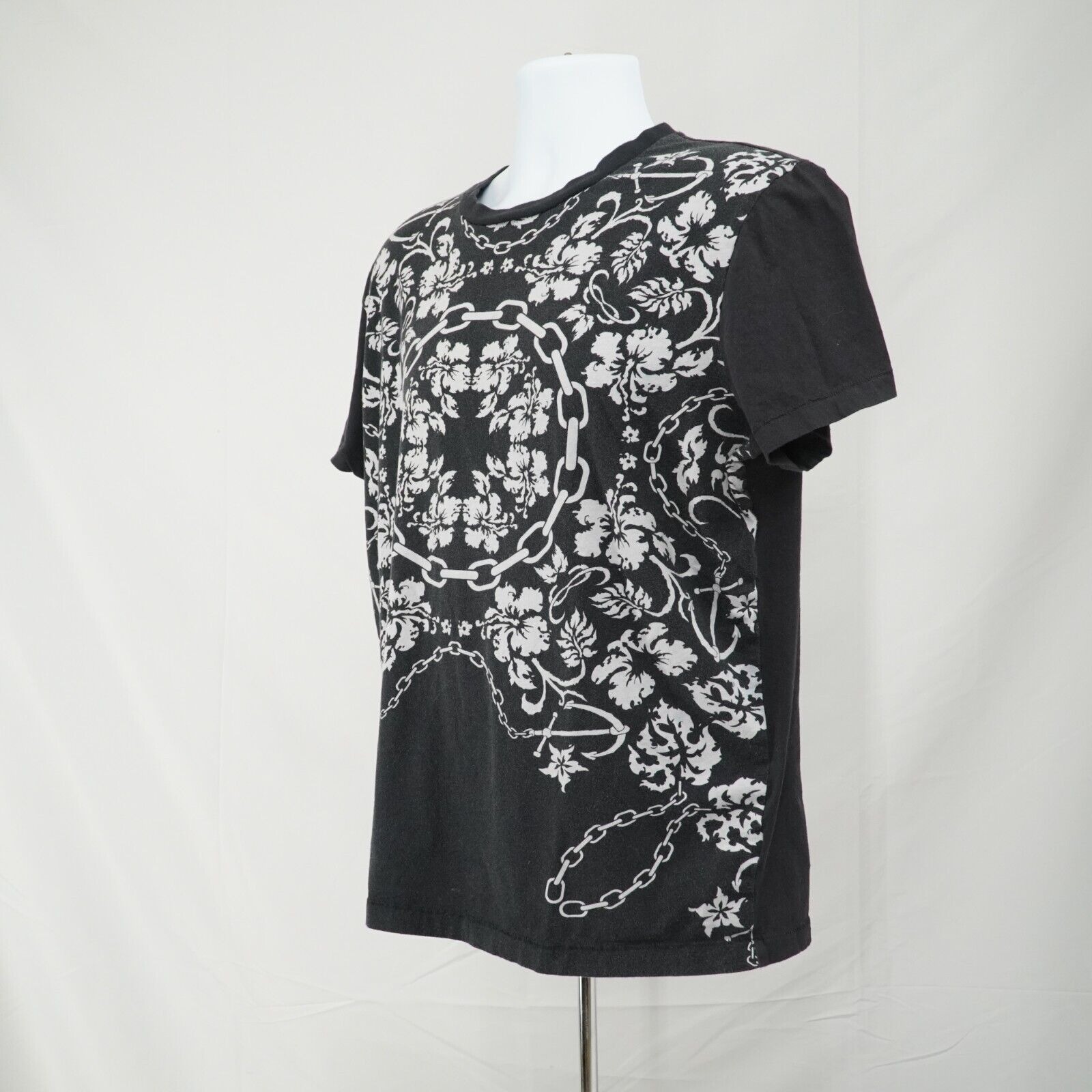 Black White Printed Shirt Floral Chains Anchor Hawaiian Tee - 3