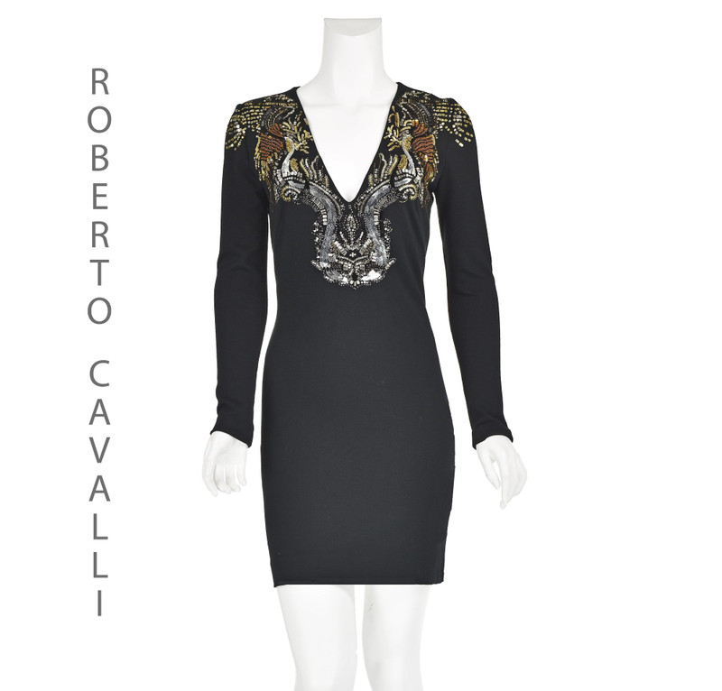 Black Knit Mini Dress w/ Sequined V-Neck - 1