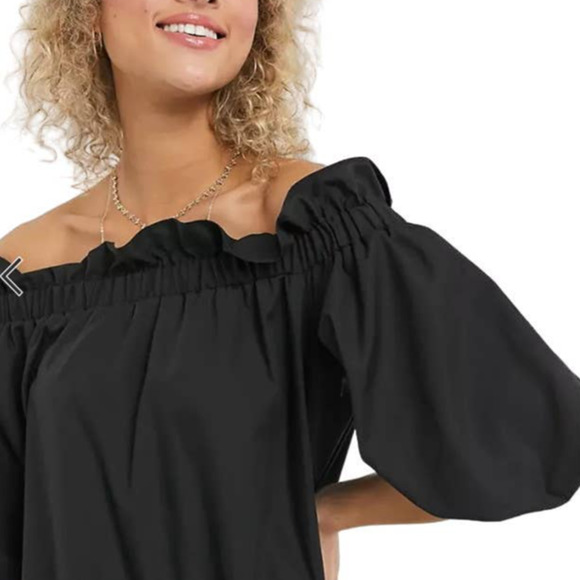 Asos Black Poplin Off Shoulder Ruffle Puff Sleeve Maxi Dress Size 4 - 3