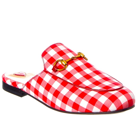 New Gucci Princetown Red White Gingham Plaid Slide Loafer Mule Slipper Flat 8.5 - 1
