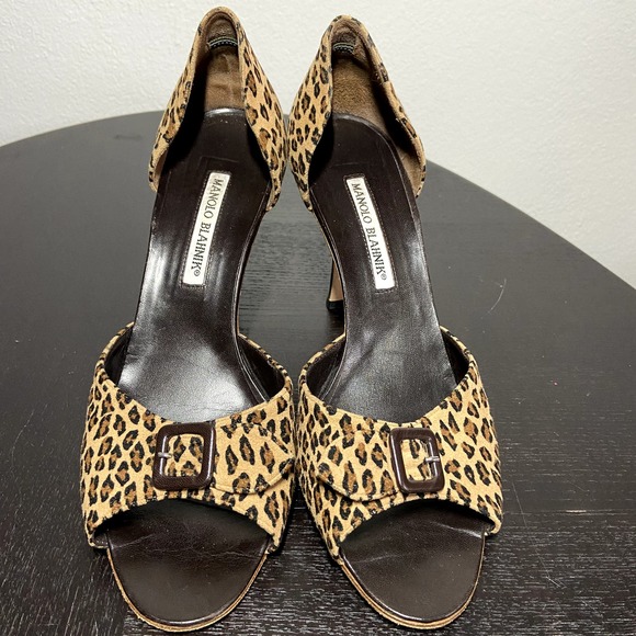 Manolo Blahnik D'orsay heels pony hair cheetah print leopard buckle open toe 10 - 2