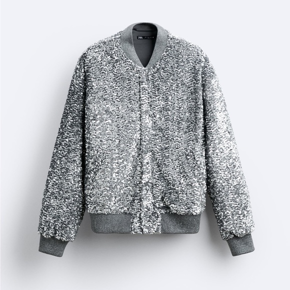 Zara Silver Sequin Bomber Jacket - 3