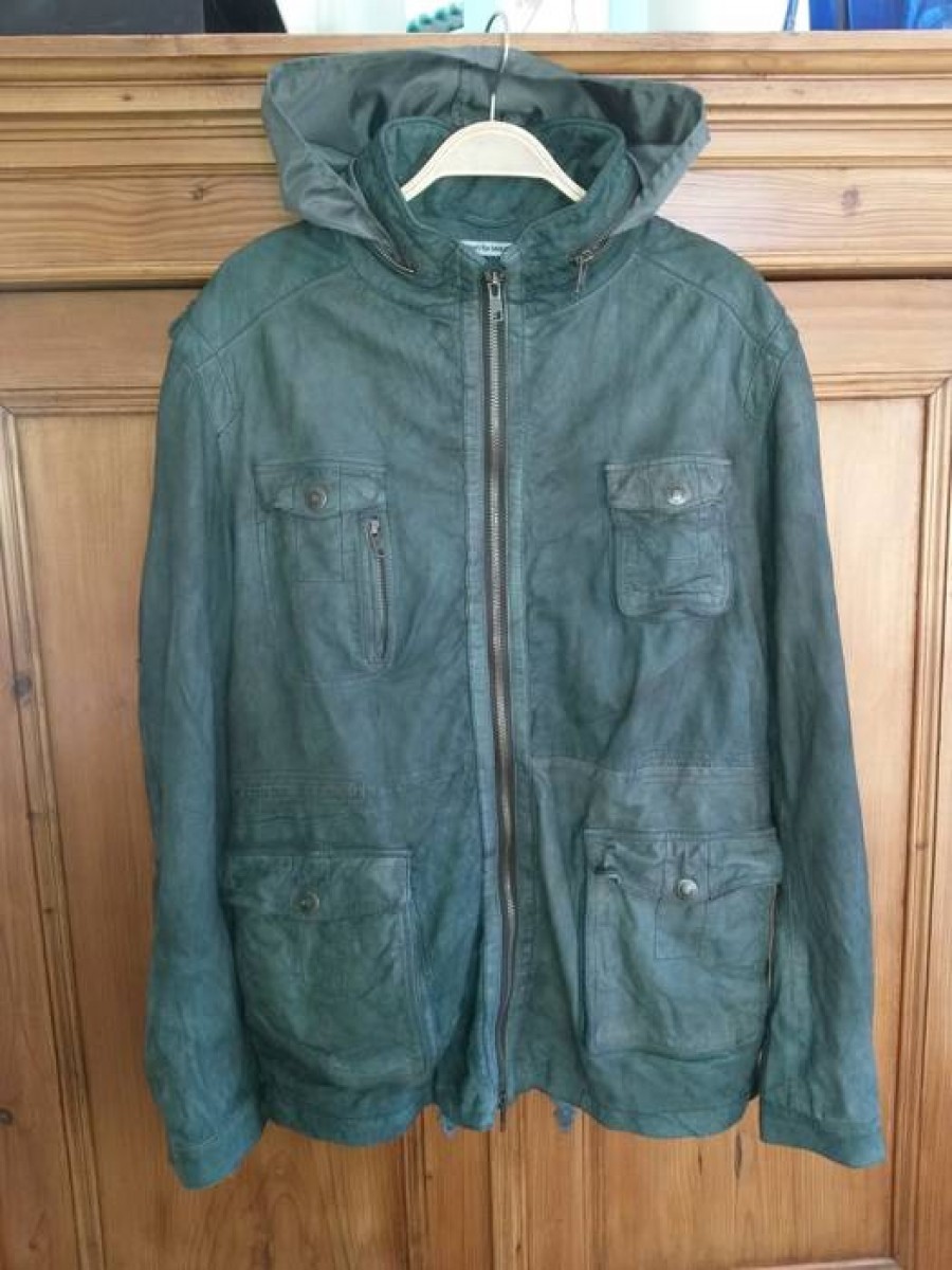 Drykorn - Real olive green leather hooded washed jacket size 46 48 - 2