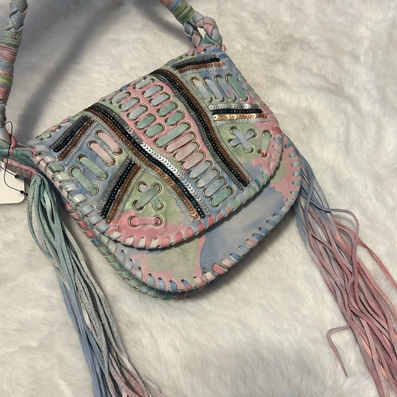 ✨ Free People Under the Rainbow Pastel Fringe Boho Leather Crossbody Bag - 10