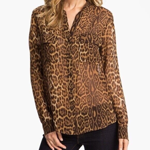 BCBGMaxAzria - BCBG Max Azria Anderson Sheer Silk Animal Cheetah Print Blouse Top - 1