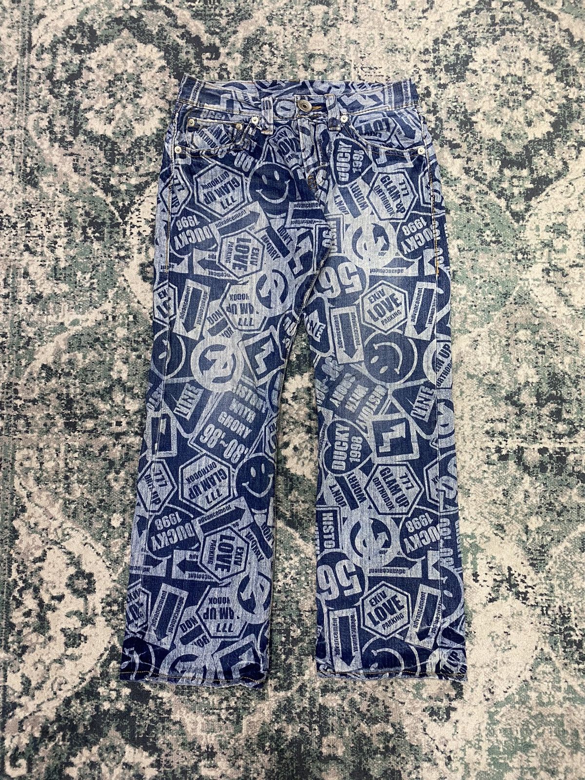 Vintage Co&Lu All Over Acid Wash Printed Effect Smiley Jeans - 3