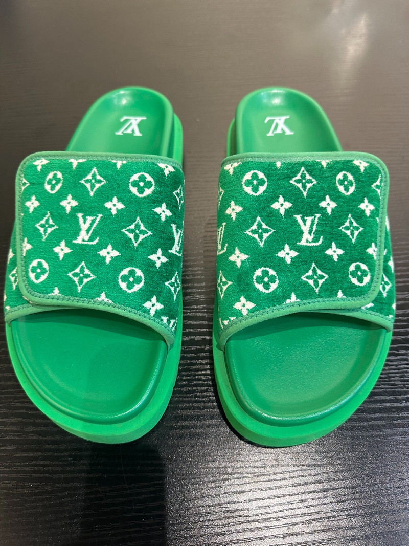Louis Vuitton "Miami" Flat Slide Sandals — Monogram Canvas with Velcro Logo Strap - 1