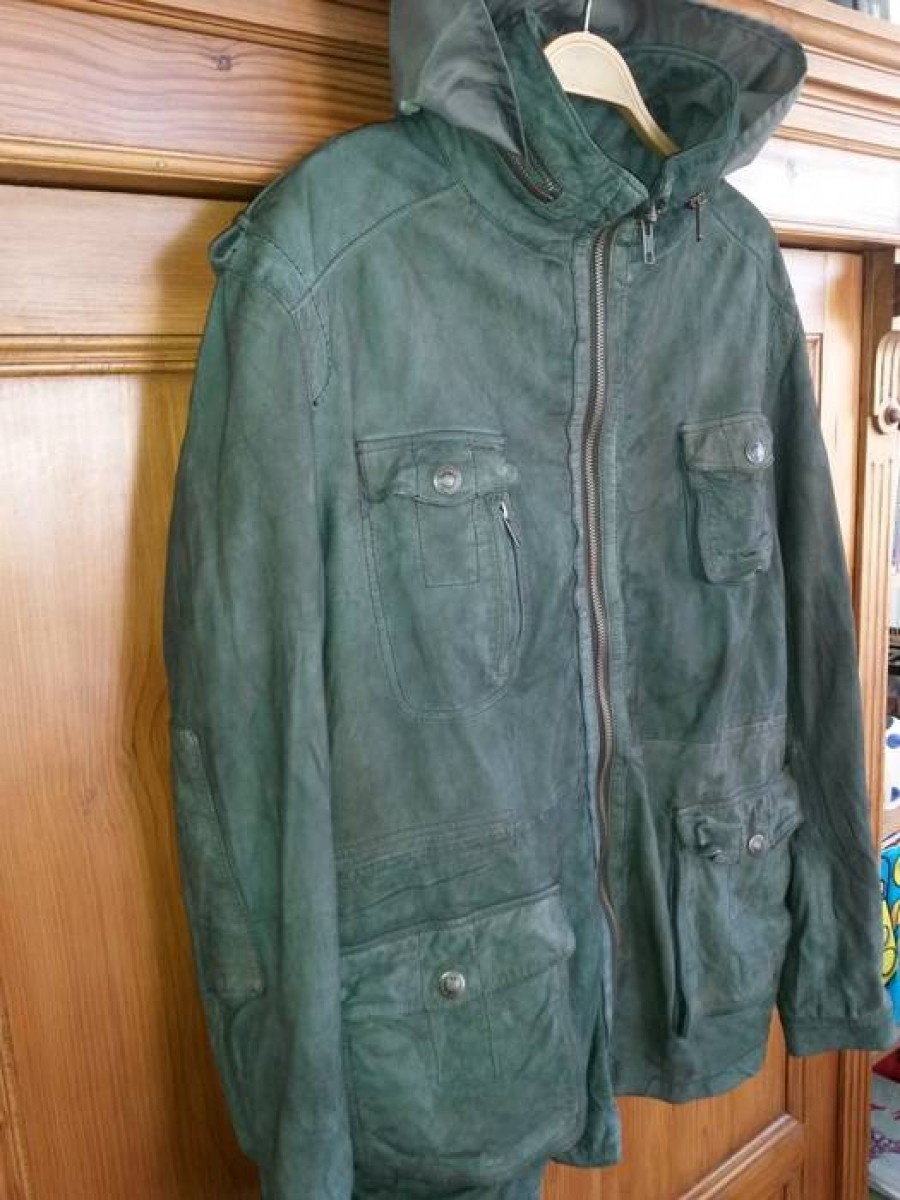 Drykorn - Real olive green leather hooded washed jacket size 46 48 - 3