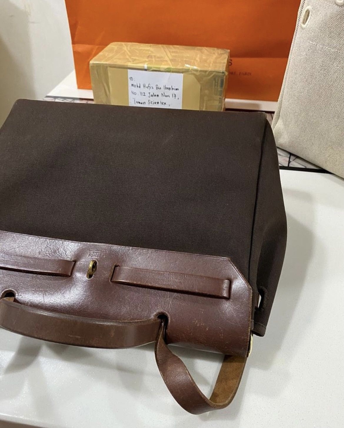 Authentic HERMES canvas & natural calfskin leather 2 way bag - 8