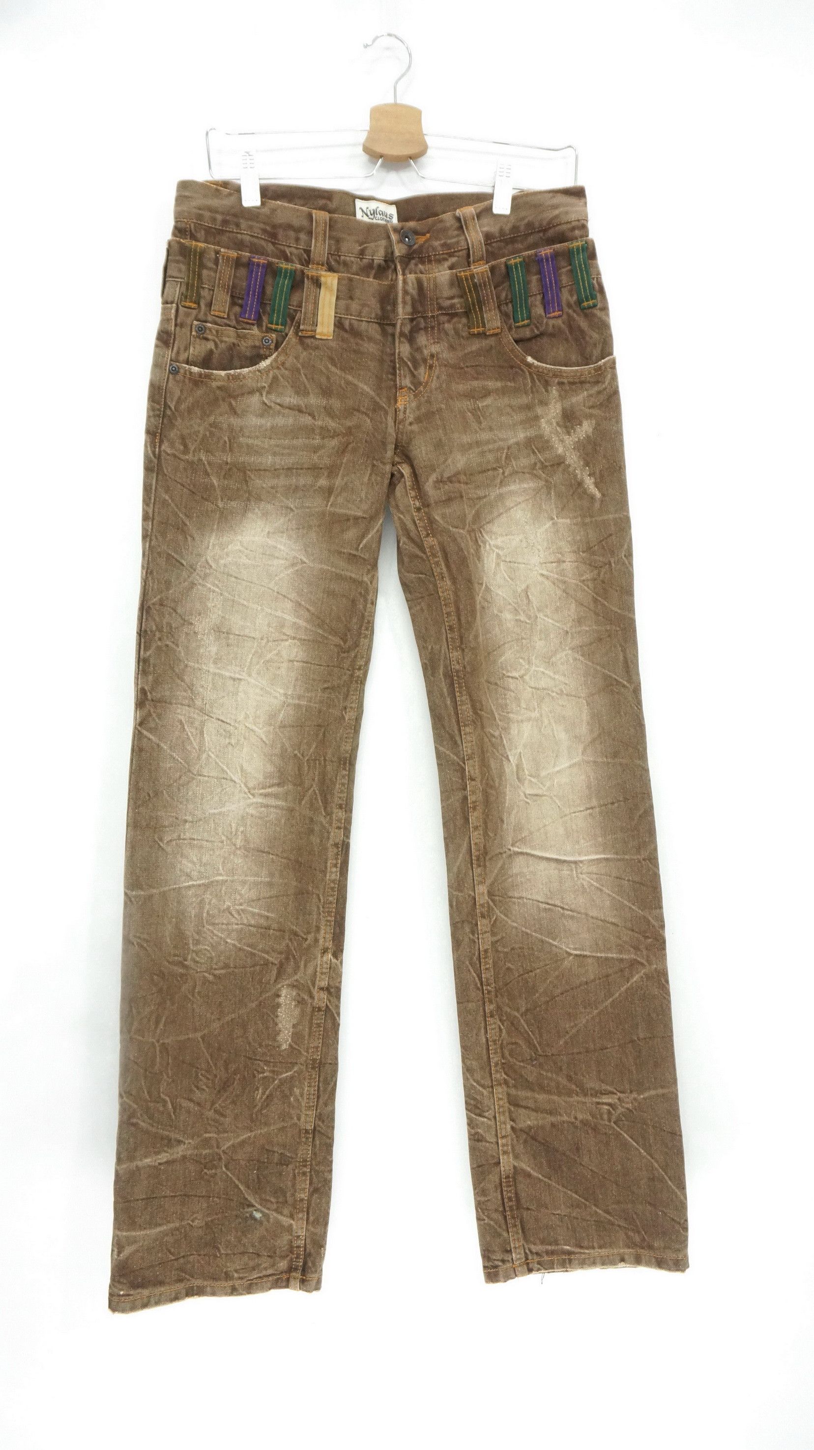 Distressed Denim - NYLAUS Double Waist Brown Jeans - 1