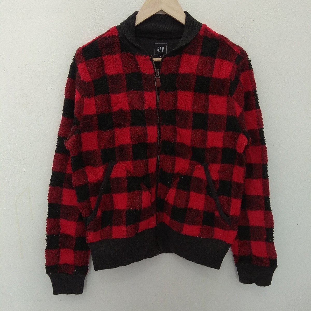 American Vintage - GAP Red Flannel Black Checked Grunge Fleece Winter Jacket - 2