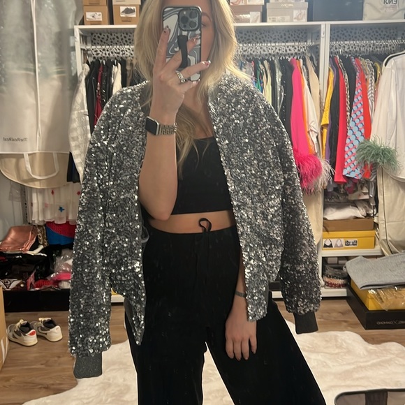 Zara Silver Sequin Bomber Jacket - 9