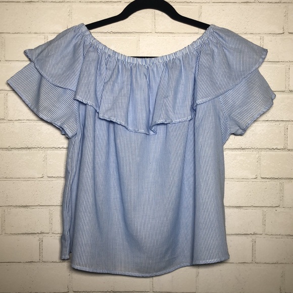 Love in - Blue + White Striped Off Shoulder Ruffle Top - 7