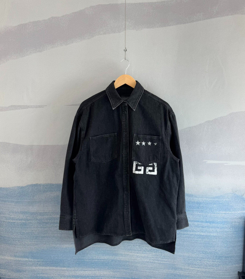Givenchy Black Distressed Denim Shirt with Star and 4G Logo - 1