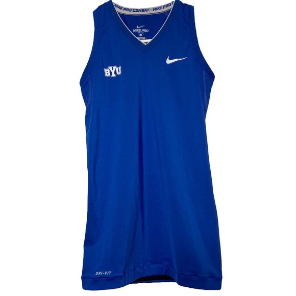 Nike Pro Compression Tank Top BYU Embroidered Chest Logo V-Neck Blue S - 1