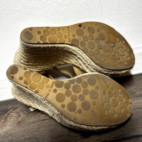 Jimmy Choo Porto Espadrille Wedge Sandals Patent Crisscross Straps Tan 36.5 6 - 6