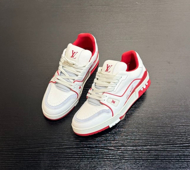 Louis Vuitton LV White & Red Logo-Embossed Trainer Sneakers - 1