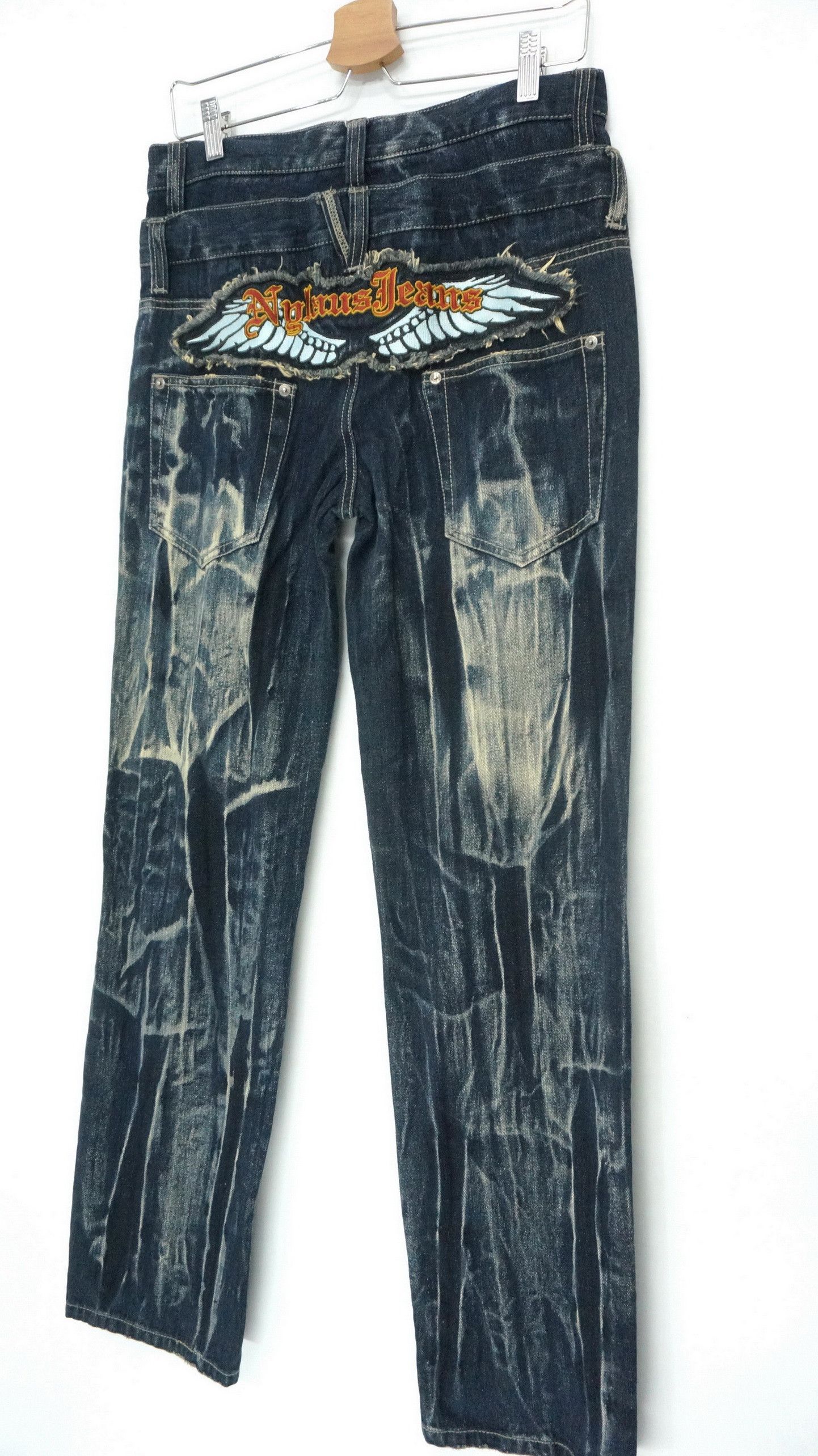 Vintage - Rare Vtg NYLAUS Double waist Acid Wash Spellout Emb Jeans - 1