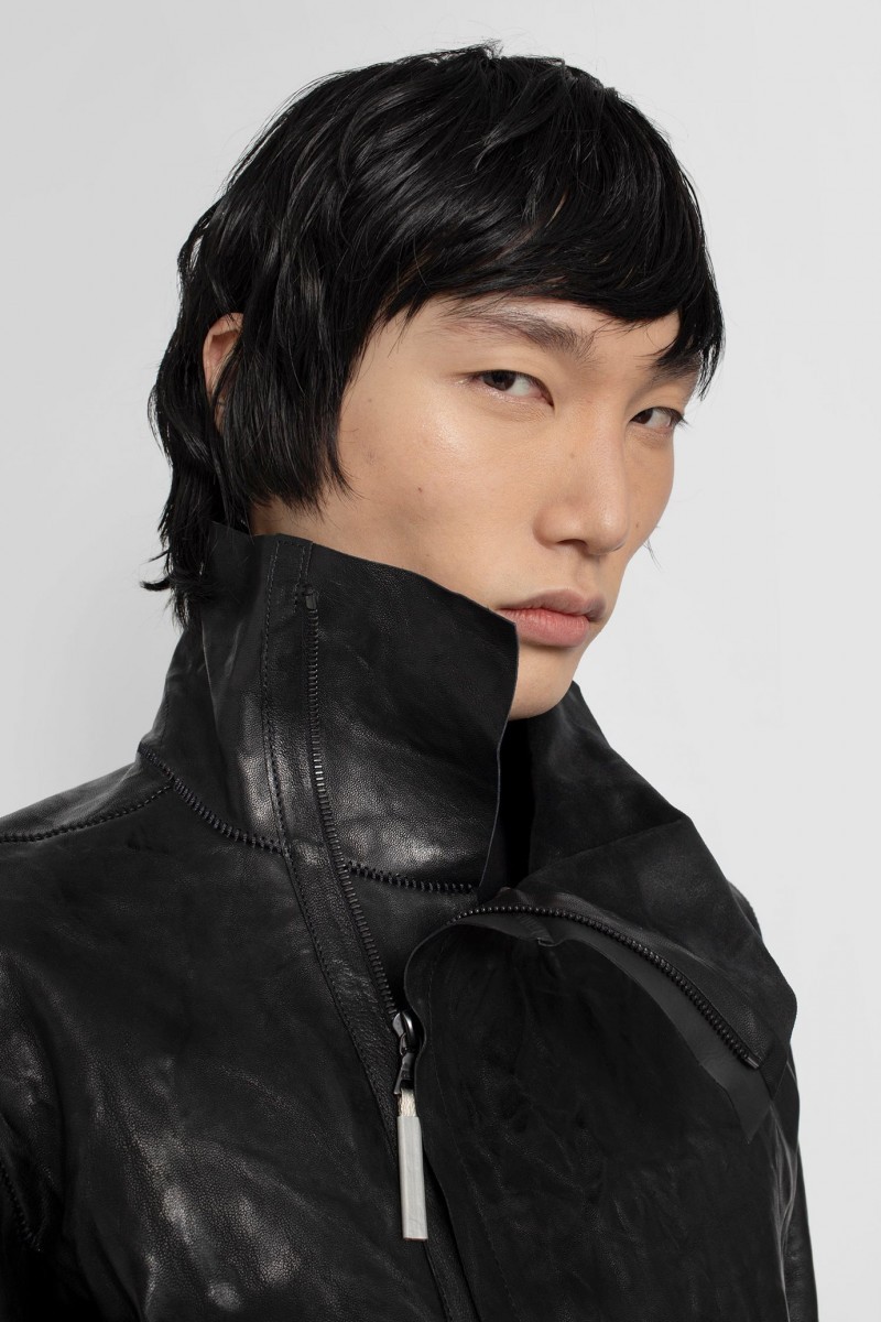 Black high-neck unlined asymmetric leather jacket - 2
