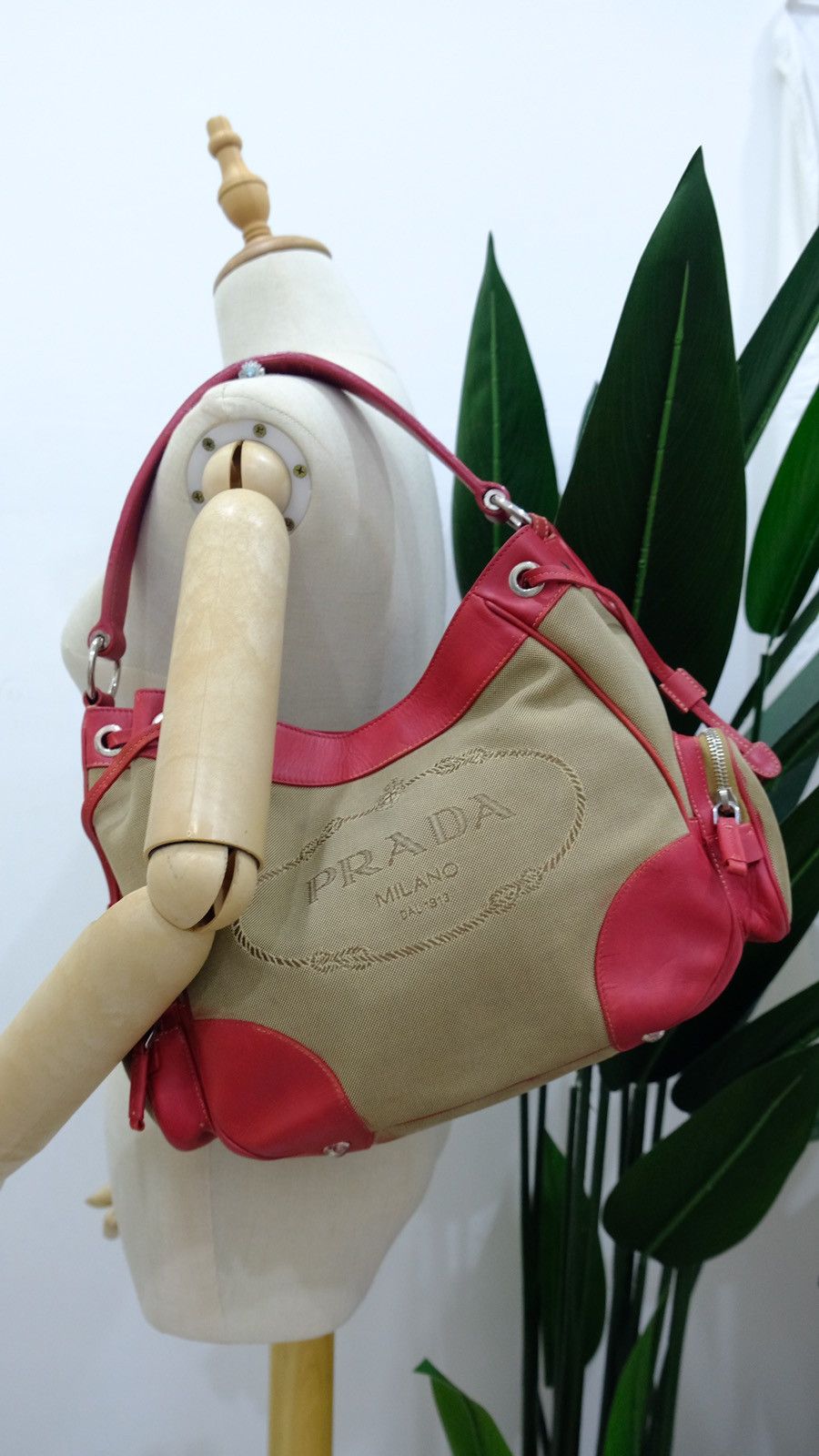 Authentic Prada Jacquard canvas red leather handbag - 1