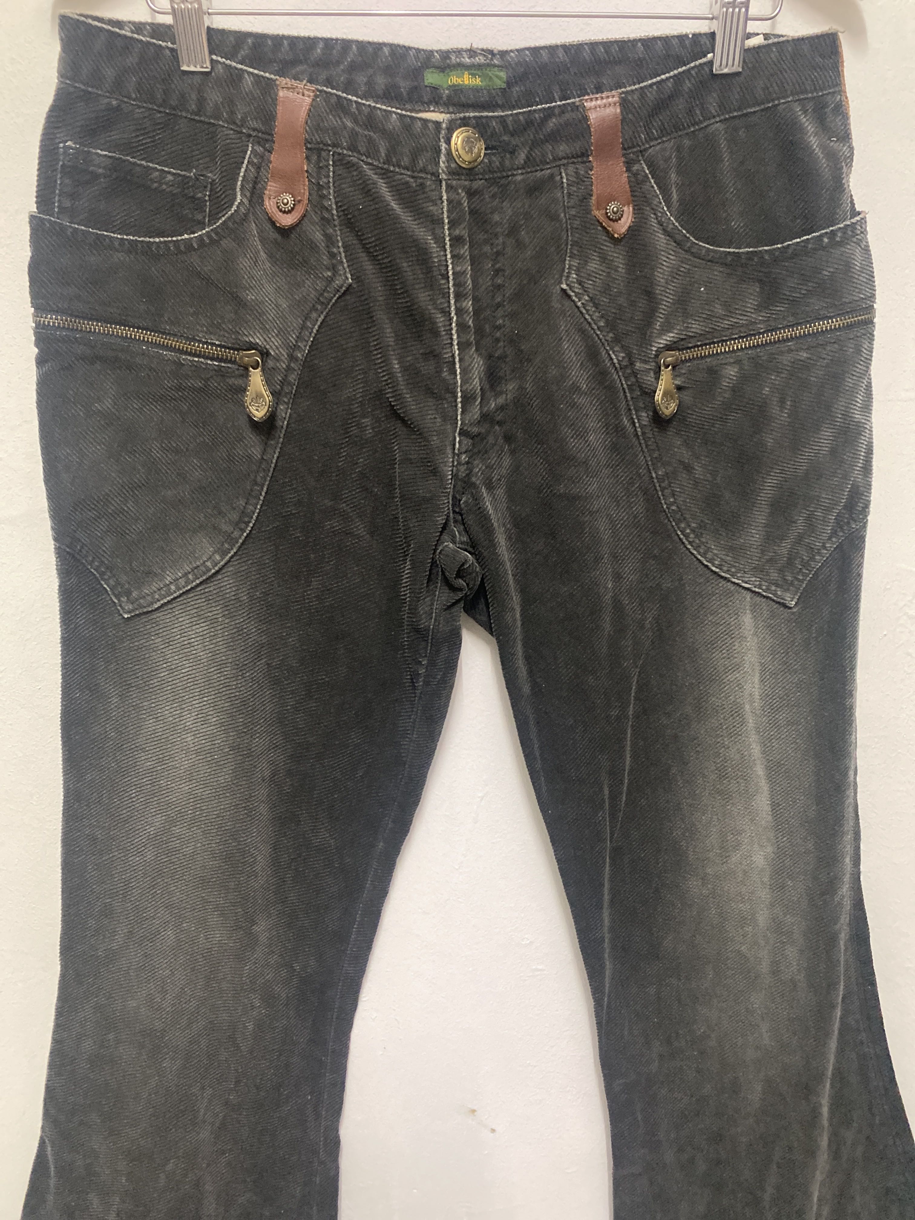 Obelisk Japan Corduroy Flare Pants Distressed Brown Leather Floral Back Pocket - 3