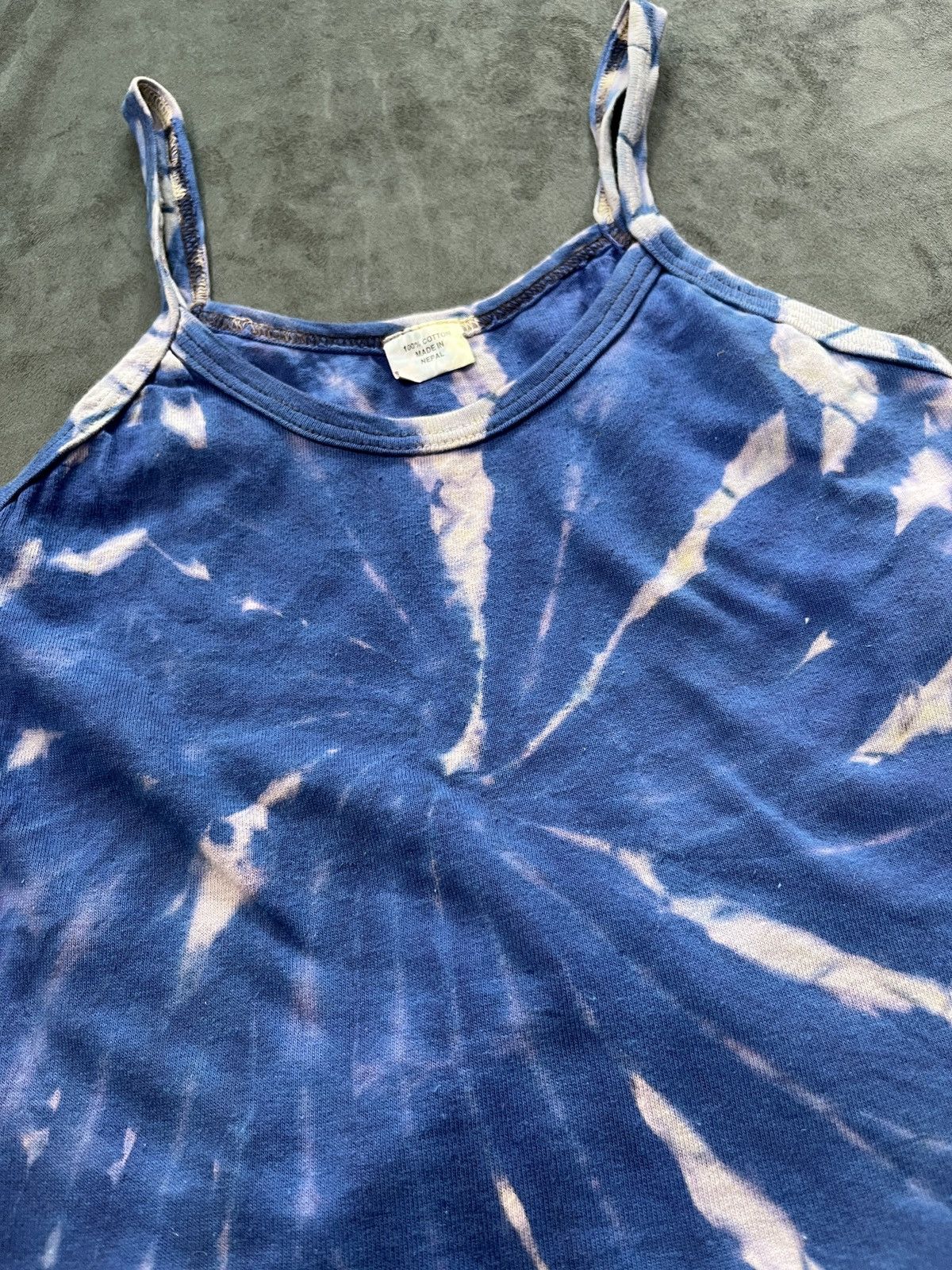 Deadstock Nepal Handmade Tie Dye Swirl Blue Tank Top OS - 7