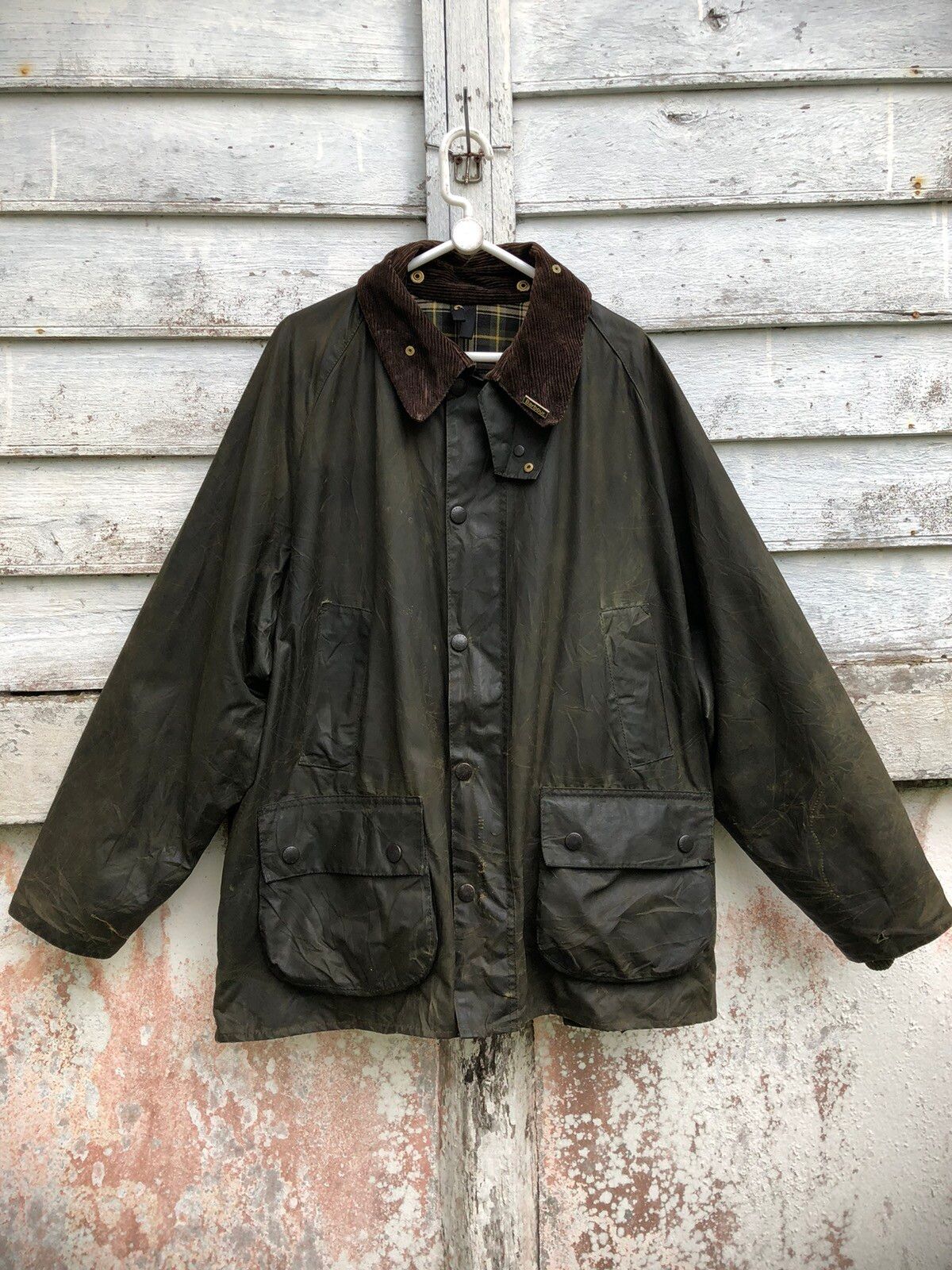 Distressed Barbour Bedale Olive Waxed Coat Size C46/117cm - 2