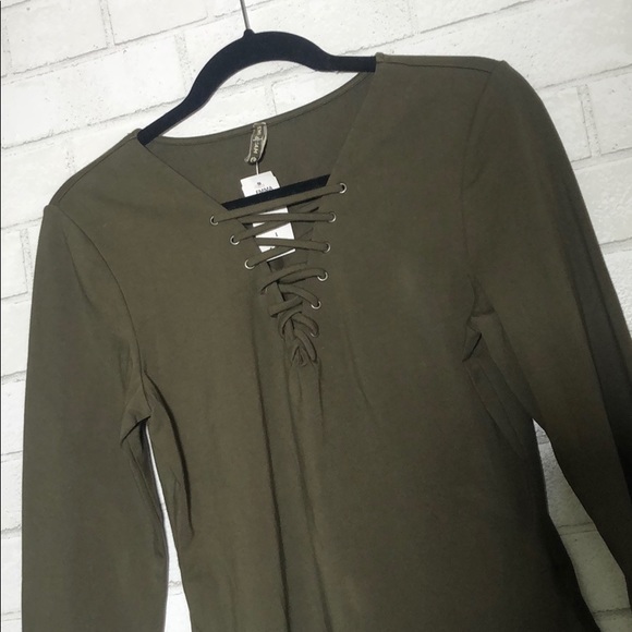 LF Olive Long Sleeve Lace Up Top - 3