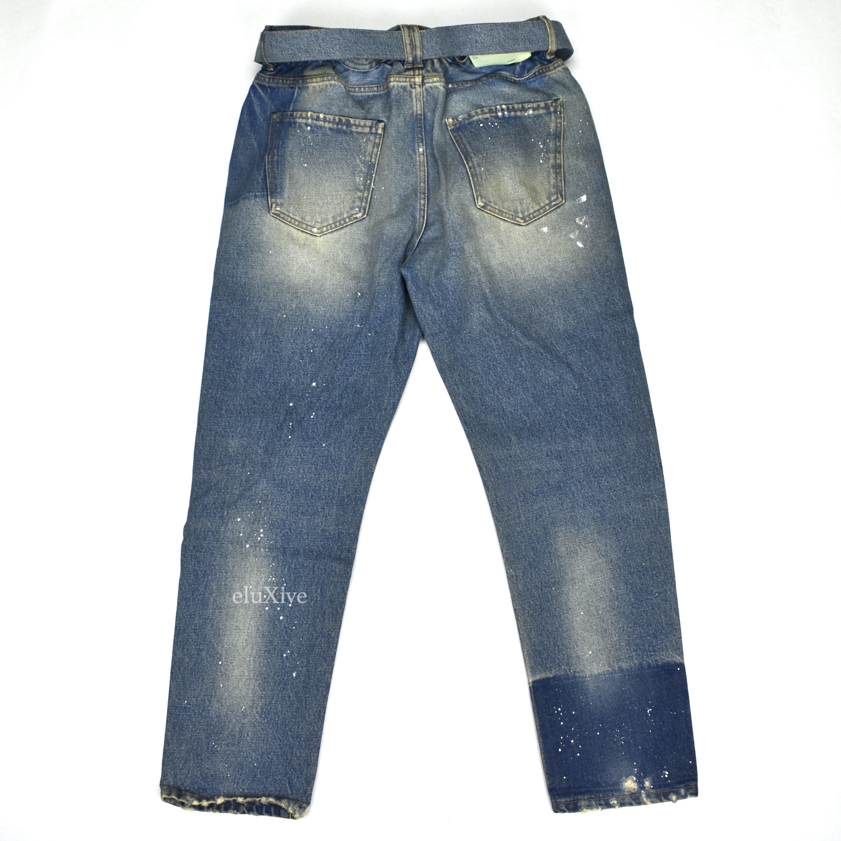 Off-White Blue Distressed Paint Splatter Belted Denim Jeans - 2