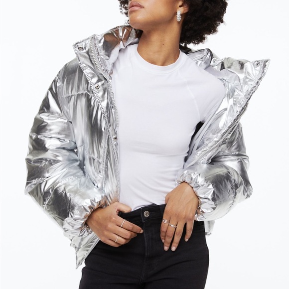 H&M Silver Metallic Hooded Puffer Jacket - 1