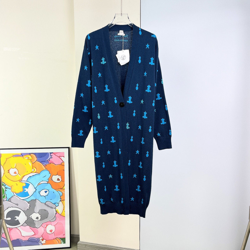 Hermès jacquard navy blue long knitted cardigan - 1