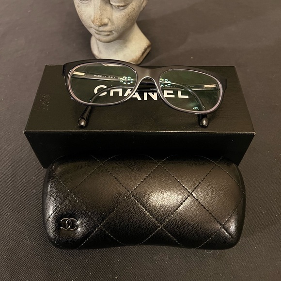 Chanel Navy Blue Silver Logo 3236-Q c.1390 53mm Frames Glasses Italy Leather EUC - 4