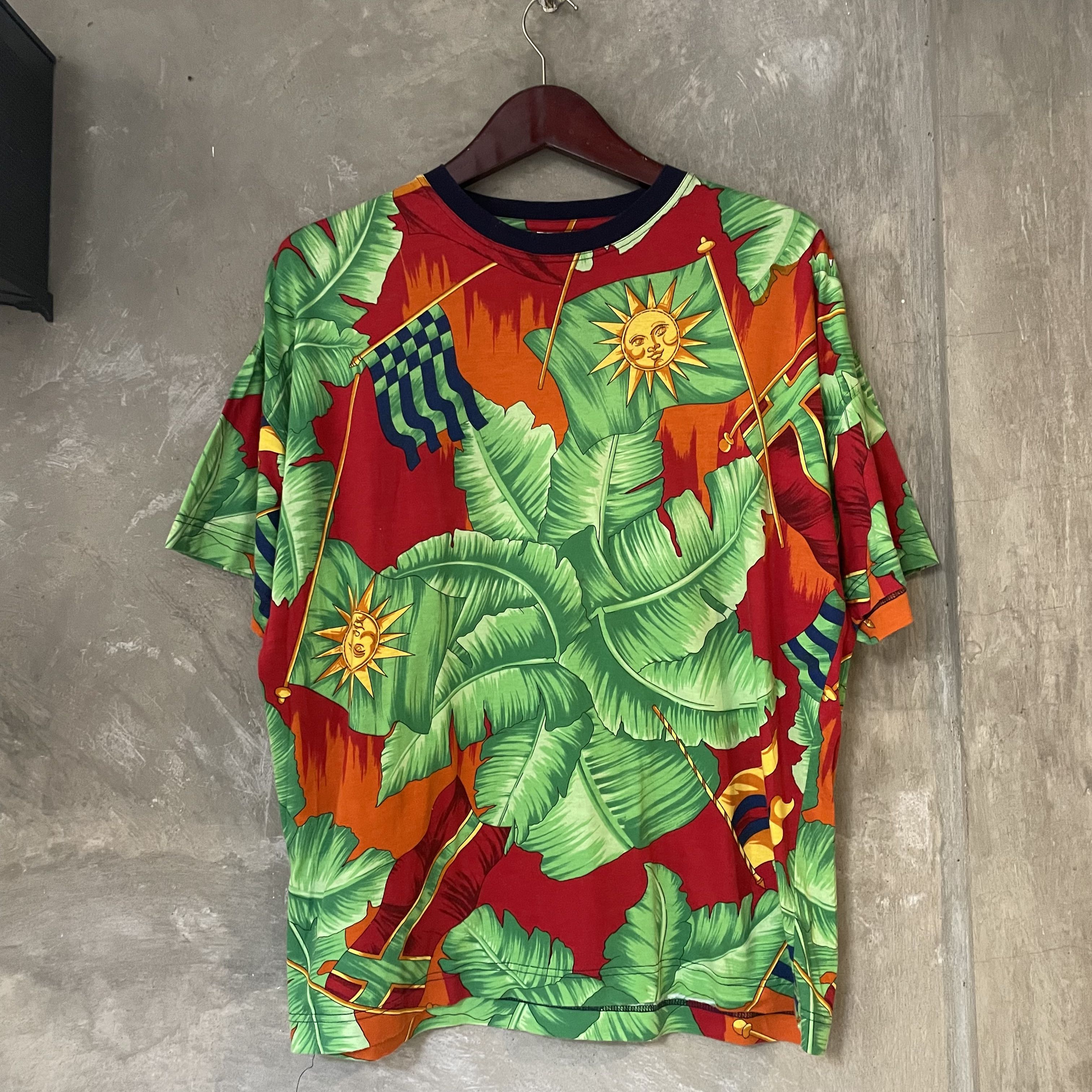 Vintage V2 By Versace Tropical Green Sun Flag Hawaiian T Shirt Multcolor Size S - 1