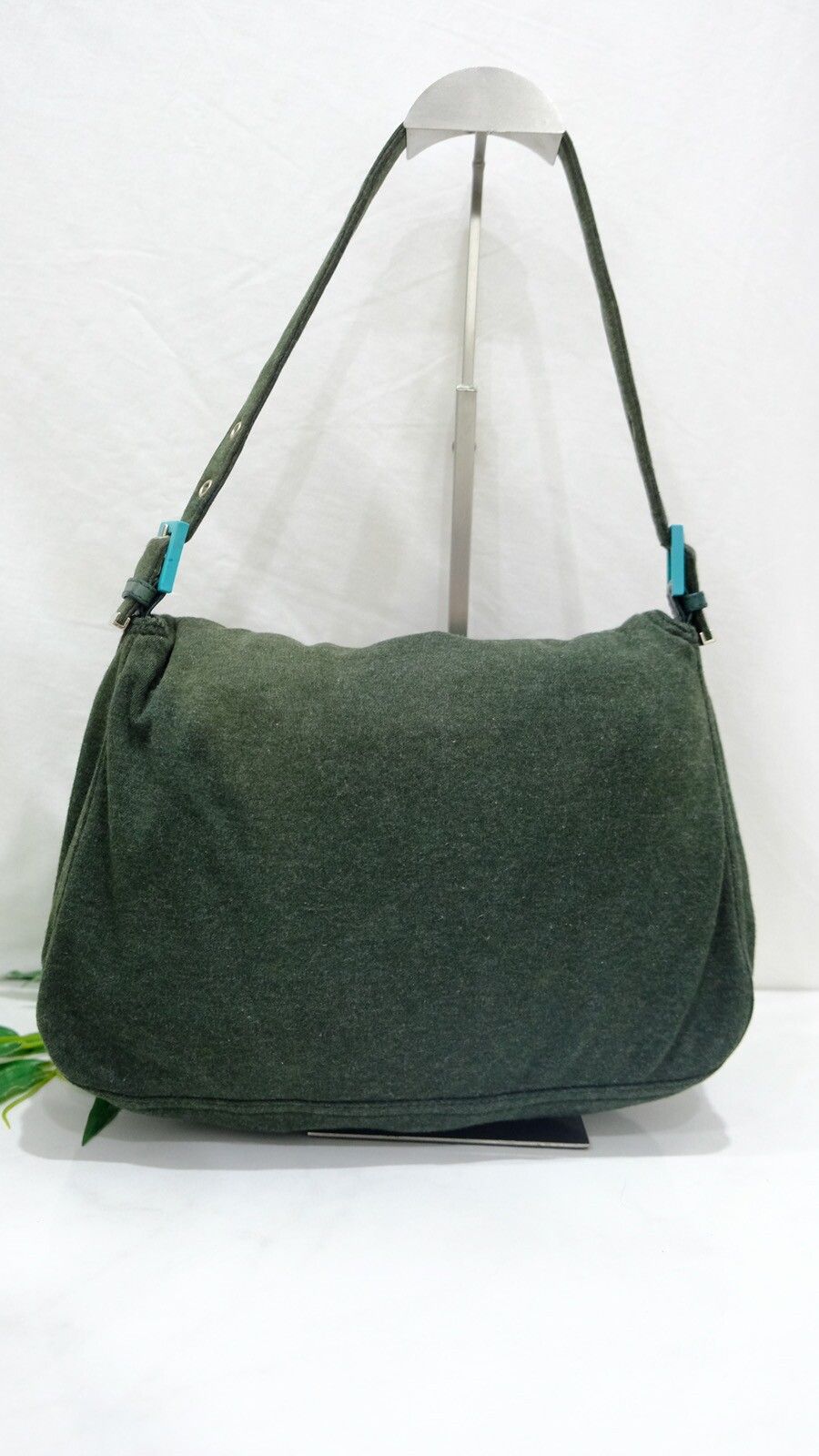 Authentic vintage FENDI Mamma Baguette green cotton handbag - 3