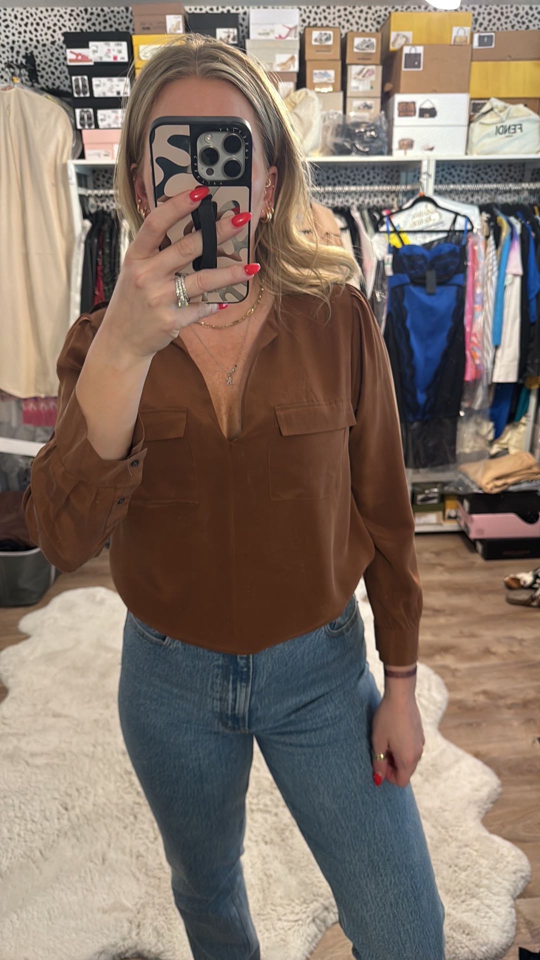 Joie Cognac Silk Blouse - 8