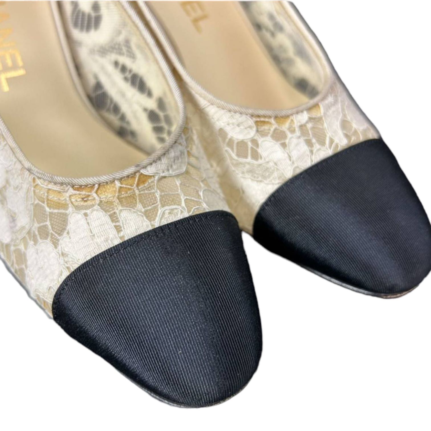Chanel Sheer Lace with Contrast Toe Caps and Grosgrain Details Pumps - 4