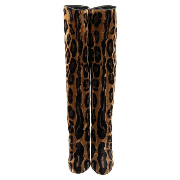 Leopard Velvet Leather Boots Heels VALLY Brown 38 US 8 13400 - 2