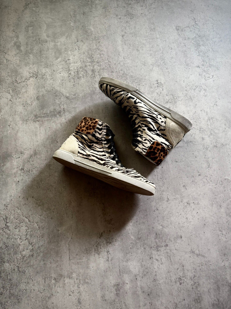 Saint Laurent Paris Black White Zebra Leopard Hair Suede High-Top Sneakers - 1