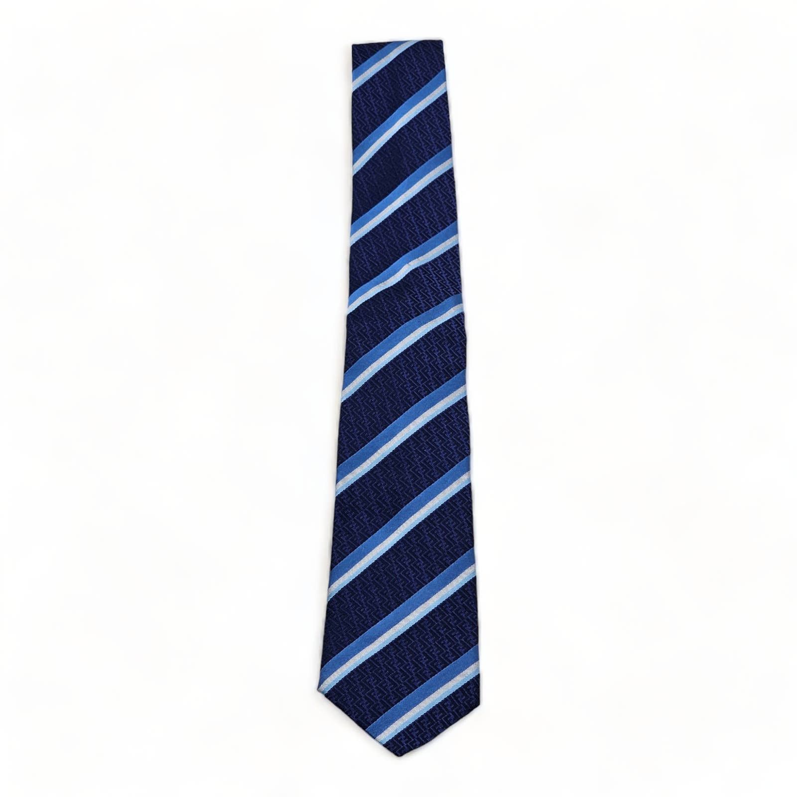 Fendi Silk Logo Skinny Necktie Tie -Blue White - 1