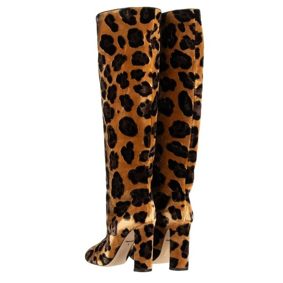 Leopard Velvet Leather Boots Heels VALLY Brown 38 US 8 13400 - 3