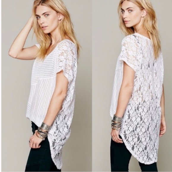 Free People Daydream Striped Lace High Low Tunic Lace Back Burnout Hi-Lo top - 1